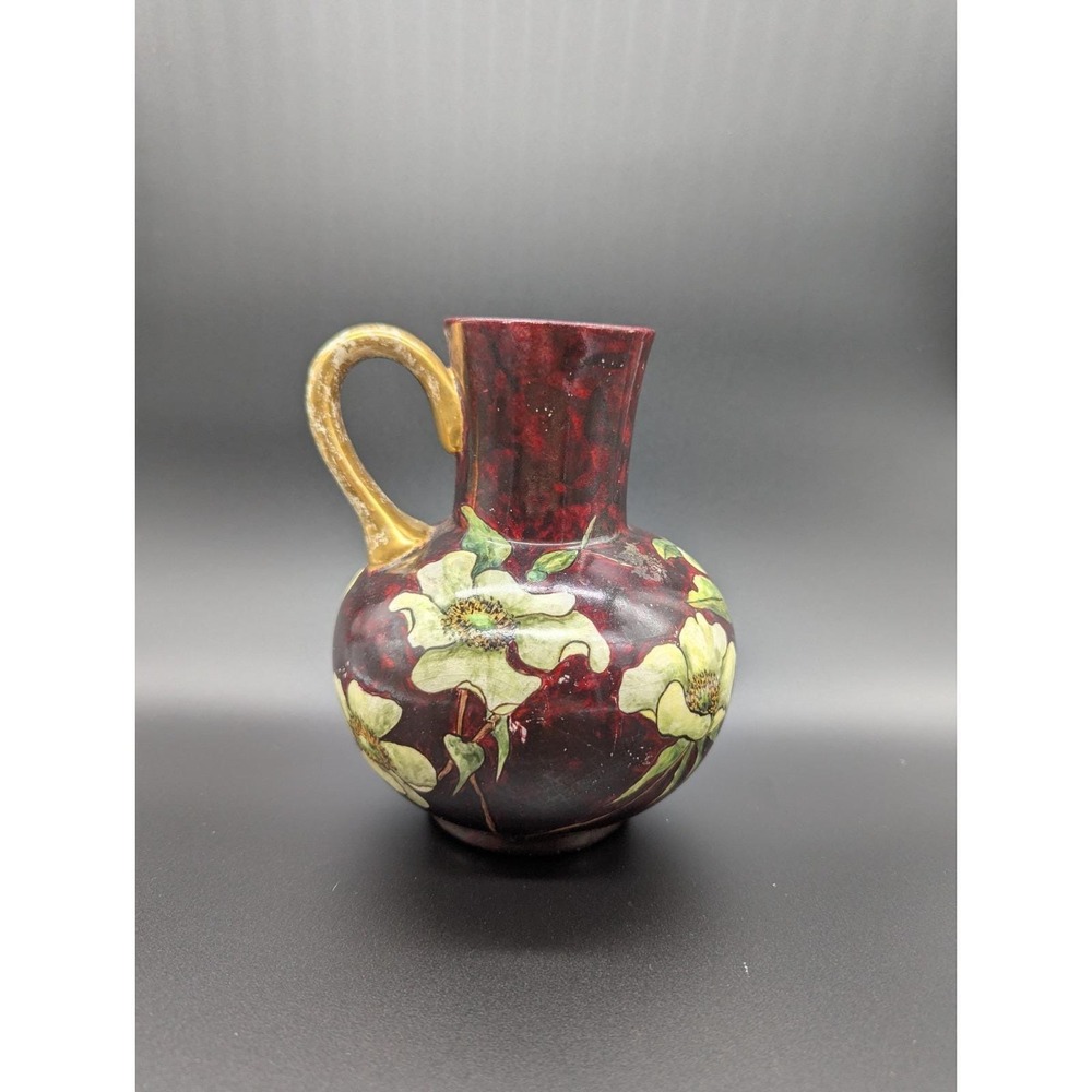 Antique Art Nouveau Jersey City Pottery Pitcher I.V.W Stamp Red Flower 6.5"